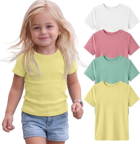 Yooo's Vivi 4 Pack Toddler Girls Short Sleeve Shirts Cotton Ribbed Basic Tops Crewneck Baby Knit Summer Tees 18m-5t in Kuwait