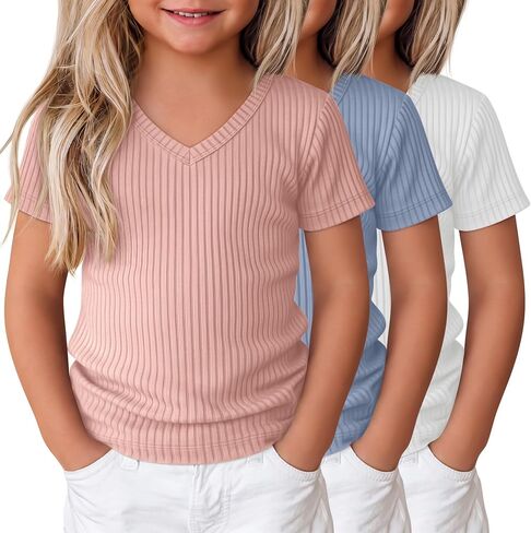 3 Pack Toddler Girls Shirts Cotton 18m-5t Baby Summer Clothes Short Sleeve Ribbed Knit V Neck Fashion Soft Tops in Saudi Arabia