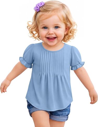 Ficerd Toddler Girls Puff Sleeve T-Shirt 18M-5T Baby Summer Crew Neck Shirt Kids Ruffle Pleated Loose Fit Cute Blouse Top in Kuwait