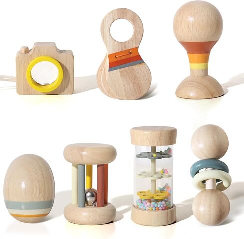 7 Inch Wooden Rain Stick Montessori Toys for Babies 6-12 Months, Baby Sensory Rattle Shaker Developmental Toy, Raindrops Musical Instrument for 0-6 6-18 Month Infants Toddlers in Kuwait
