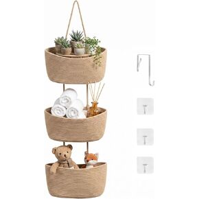 3-Tier Over the Door Hanging Basket, Cotton Rope Woven Decorative Hanging Storage, Large Wall Basket for Nursery Bedroom, Foldable Height Adjustable Organizer, Jute Color in Kuwait
