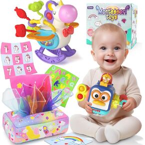 4 in 1 Baby Toys for 12+ Month, Christmas Birthday Gifts for 1 + Year old | Montessori Toys Sensory Infant Busy Cube Stacking Rings Color Sorting Educational Learning Toddlers Toys Aged 2 3 in Kuwait