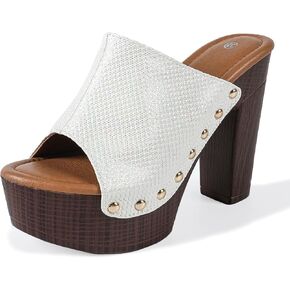 Women'S Leather Platform Stacked Heel Slides Sandals Fashion round Open Toe Slip On light Platform Chunky High Heels Slides Sandals For Casual Work Party in Saudi Arabia