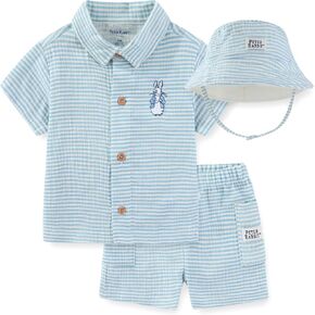 Peter Rabbit Baby Boys Gauze Button Down Shirt and Short with Bucket Hat 3 Piece Outfit Set for Infant in Kuwait