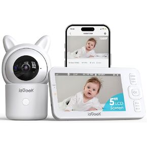 ieGeek Baby Monitor with 2 Cameras, 5" Screen & 1080P Cameras & Free Smart App Split Screen Dual Baby Monitor, Upgraded Night Vision/PTZ/2-Way Audio/Auto Tracking Detection Notification and Alert in Saudi Arabia