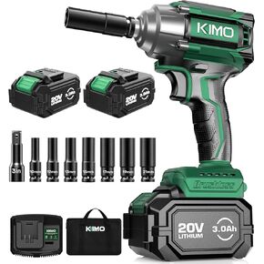 KIMO Impact Wrench 1/2 Cordless,550N.m/406ft-lbs Max Torque & 3000RPM, 2x20V 3.0Ah Battery, Impact Gun with 7 Drive Impact Sockets, 3 Inch Extension Bar, 1 Hour Fast Charger Impact Drill for Car Tires in Kuwait