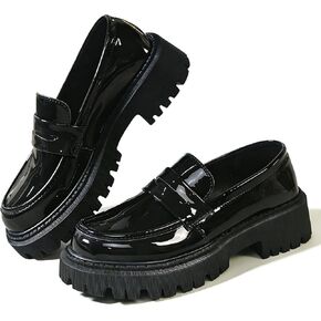 Womens Patent Leather Chunky Heel Loafers Fashion Comfort Slip On Round Toe Platform Penny Loafers Daily Casual Work Office Dressy in Kuwait