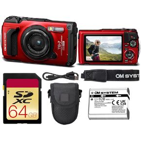 OM SYSTEM Tough TG-7 Digital Camera Bundle (Red) | 12MP BSI CMOS Sensor, f/2 Lens, 4K Video, Waterproof, Shockproof & Freezeproof | Great for Outdoors & Underwater (V110030RU000) + 64GB Card + Case in Kuwait
