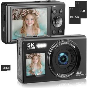 5K Digital Camera for Photography, 80MP Dual Screen Vlogging Camera for YouTube with WiFi, 16X Digital Zoom, Beauty Function, 2.8-inch Screen, Fill Light Includes 32GB Card & 2 Batteries (Pink) in Kuwait