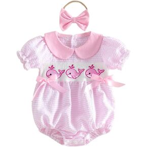 Baby Girl Romper Newborn Infant Short Sleeve Embroidered Smocked Jumpsuit with Headband Summer Outfit Clothes in Kuwait