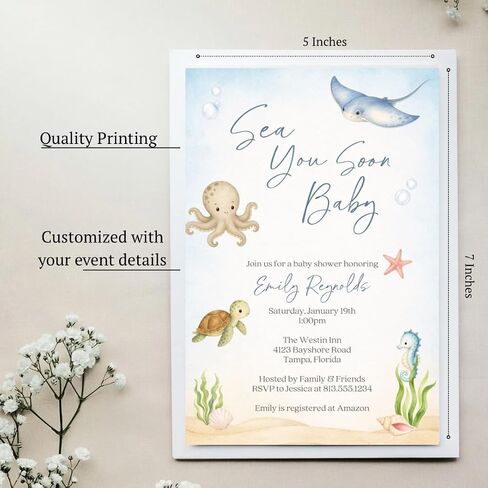 Sea You Soon Baby Shower Invitations Nautical Printed Invites | 12 Count | Under the Sea Nautical Customized Invites with Envelopes in Kuwait