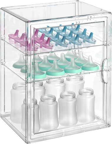 BOHOIDEE 14.17"X10.63"X10.63" Baby Bottle Organizer 3 Tier Clear Acrylic Storage, Dustproof Adjustable Divider Countertop Organizer for Kitchen Nursery Baby Essentials in Kuwait