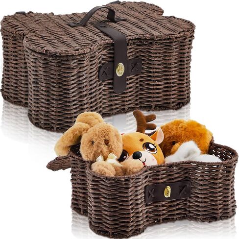 Barydat 2 Set Large Small Dog Toy Basket with Lid Bone Shaped Basket for Dog Natural Wicker Woven Handmade Pet Puppy Toy Organizer and Storage Box Bin for Cats(Wicker,Dark Brown) in Kuwait
