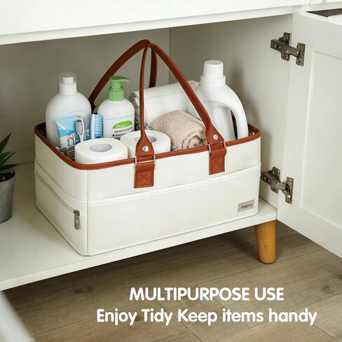 Diaper Caddy Organizer, Large Portable Nursery Storage Basket with Removable Dividers, Leather Handles, Multiple Pockets for Baby Essentials and Car Travel in Kuwait