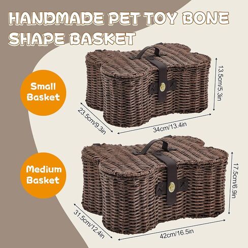 Barydat 2 Set Large Small Dog Toy Basket with Lid Bone Shaped Basket for Dog Natural Wicker Woven Handmade Pet Puppy Toy Organizer and Storage Box Bin for Cats(Wicker,Dark Brown) in Kuwait