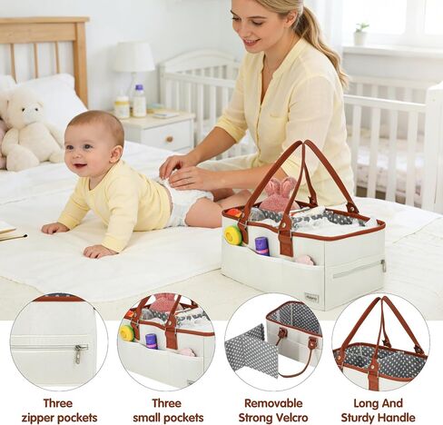 Diaper Caddy Organizer, Large Portable Nursery Storage Basket with Removable Dividers, Leather Handles, Multiple Pockets for Baby Essentials and Car Travel in Kuwait