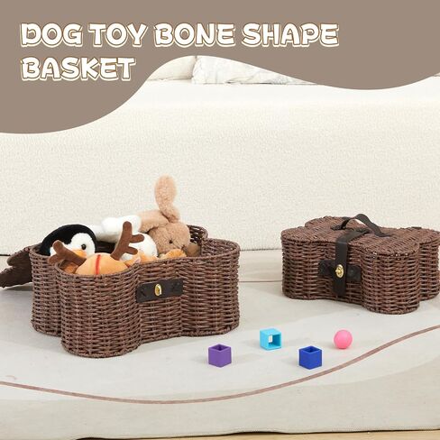 Barydat 2 Set Large Small Dog Toy Basket with Lid Bone Shaped Basket for Dog Natural Wicker Woven Handmade Pet Puppy Toy Organizer and Storage Box Bin for Cats(Wicker,Dark Brown) in Kuwait