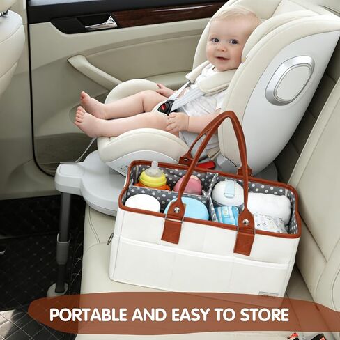 Diaper Caddy Organizer, Large Portable Nursery Storage Basket with Removable Dividers, Leather Handles, Multiple Pockets for Baby Essentials and Car Travel in Kuwait