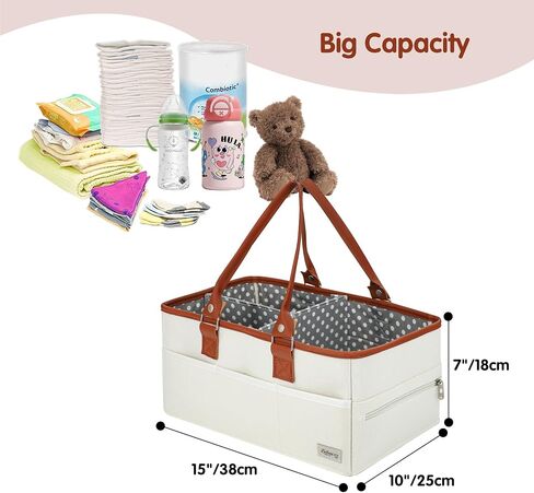 Diaper Caddy Organizer, Large Portable Nursery Storage Basket with Removable Dividers, Leather Handles, Multiple Pockets for Baby Essentials and Car Travel in Kuwait