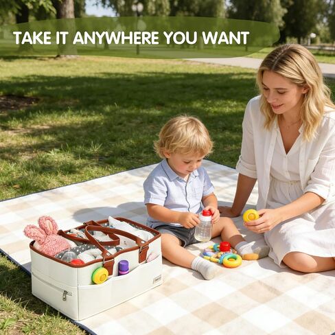 Diaper Caddy Organizer, Large Portable Nursery Storage Basket with Removable Dividers, Leather Handles, Multiple Pockets for Baby Essentials and Car Travel in Kuwait