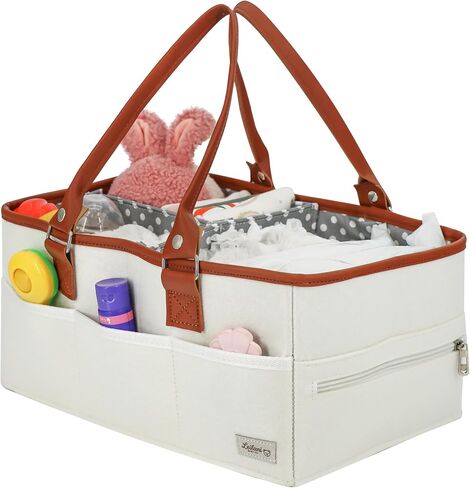 Diaper Caddy Organizer, Large Portable Nursery Storage Basket with Removable Dividers, Leather Handles, Multiple Pockets for Baby Essentials and Car Travel in Kuwait