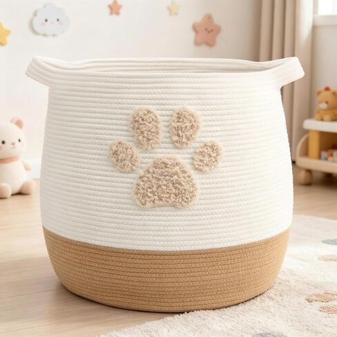 Large 17.7" Cotton Rope Pet Toy Storage Basket with Cute Paw Print - Woven Dog Toy Bin & Cat Organizer - Soft Round Hamper for Puppy Blankets, Treats, Nursery & Living Room Storage in Kuwait