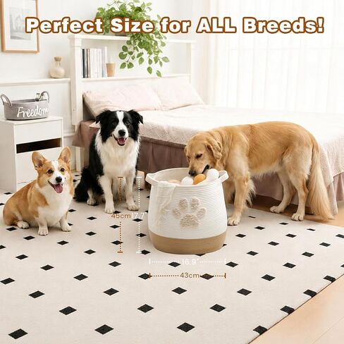 Large 17.7" Cotton Rope Pet Toy Storage Basket with Cute Paw Print - Woven Dog Toy Bin & Cat Organizer - Soft Round Hamper for Puppy Blankets, Treats, Nursery & Living Room Storage in Kuwait