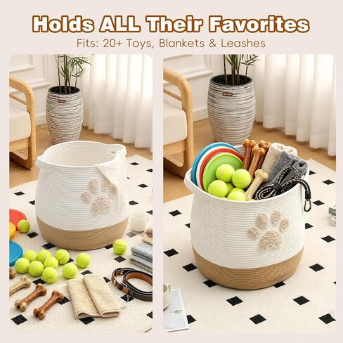 Large 17.7" Cotton Rope Pet Toy Storage Basket with Cute Paw Print - Woven Dog Toy Bin & Cat Organizer - Soft Round Hamper for Puppy Blankets, Treats, Nursery & Living Room Storage in Kuwait