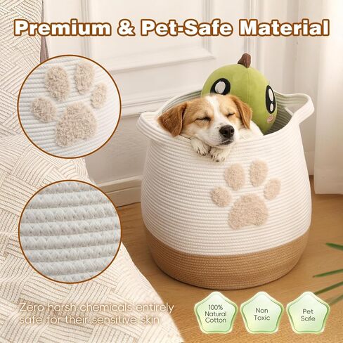 Large 17.7" Cotton Rope Pet Toy Storage Basket with Cute Paw Print - Woven Dog Toy Bin & Cat Organizer - Soft Round Hamper for Puppy Blankets, Treats, Nursery & Living Room Storage in Kuwait