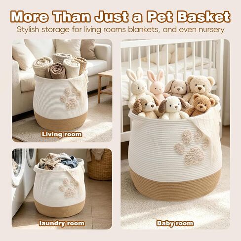 Large 17.7" Cotton Rope Pet Toy Storage Basket with Cute Paw Print - Woven Dog Toy Bin & Cat Organizer - Soft Round Hamper for Puppy Blankets, Treats, Nursery & Living Room Storage in Kuwait