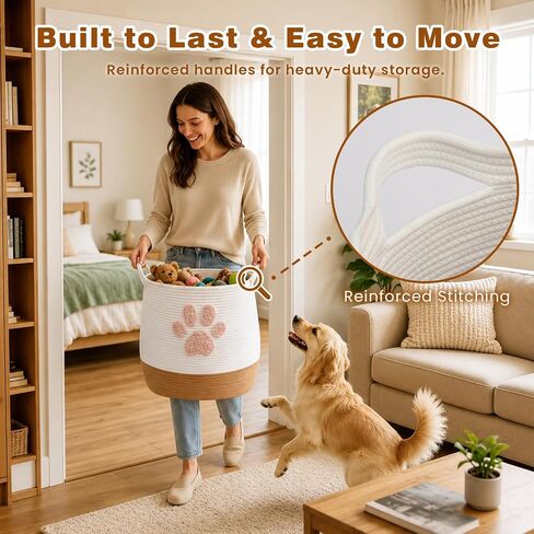 Large 17.7" Cotton Rope Pet Toy Storage Basket with Cute Paw Print - Woven Dog Toy Bin & Cat Organizer - Soft Round Hamper for Puppy Blankets, Treats, Nursery & Living Room Storage in Kuwait
