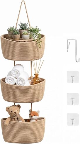 3-Tier Over the Door Hanging Basket, Cotton Rope Woven Decorative Hanging Storage, Large Wall Basket for Nursery Bedroom, Foldable Height Adjustable Organizer, Jute Color in Kuwait