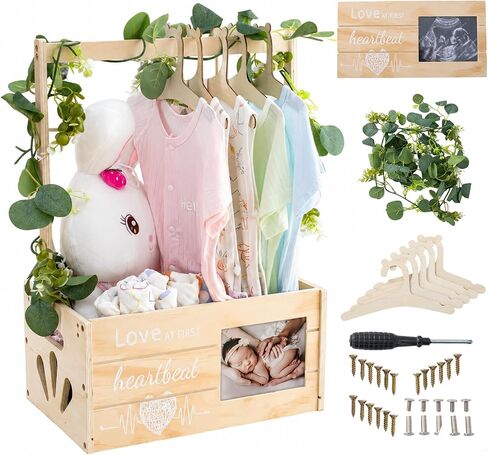 Wooden Baby Shower Crate Closet, Personalized Baby Shower Basket with Wreath & Hanger, Love at First Sight Sonogram Picture Frame, Easy Assembly Baby Clothes Storage Box for Pregnancy Gift in Kuwait
