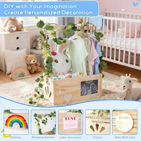 Wooden Baby Shower Crate Closet, Personalized Baby Shower Basket with Wreath & Hanger, Love at First Sight Sonogram Picture Frame, Easy Assembly Baby Clothes Storage Box for Pregnancy Gift in Kuwait