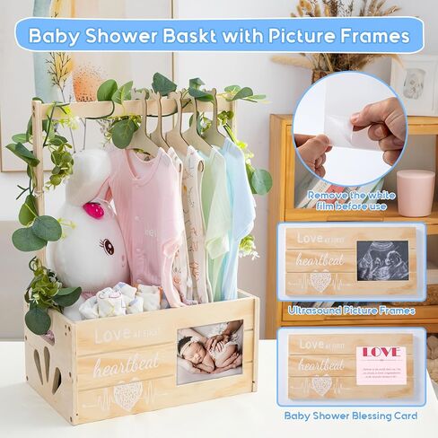 Wooden Baby Shower Crate Closet, Personalized Baby Shower Basket with Wreath & Hanger, Love at First Sight Sonogram Picture Frame, Easy Assembly Baby Clothes Storage Box for Pregnancy Gift in Kuwait