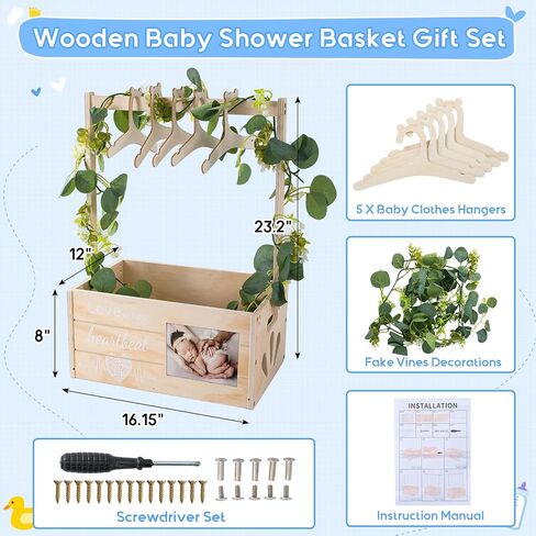 Wooden Baby Shower Crate Closet, Personalized Baby Shower Basket with Wreath & Hanger, Love at First Sight Sonogram Picture Frame, Easy Assembly Baby Clothes Storage Box for Pregnancy Gift in Kuwait