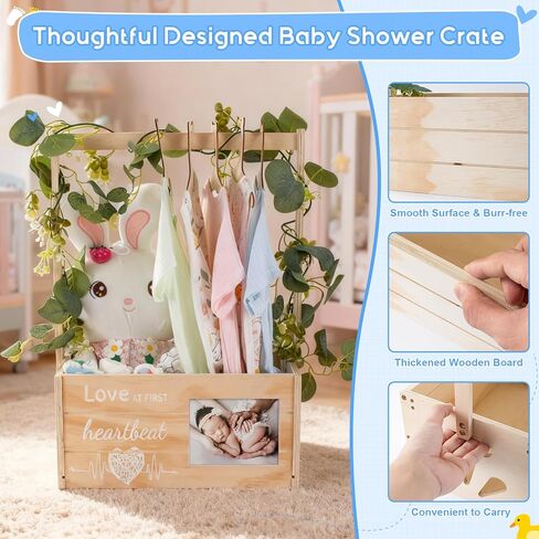 Wooden Baby Shower Crate Closet, Personalized Baby Shower Basket with Wreath & Hanger, Love at First Sight Sonogram Picture Frame, Easy Assembly Baby Clothes Storage Box for Pregnancy Gift in Kuwait