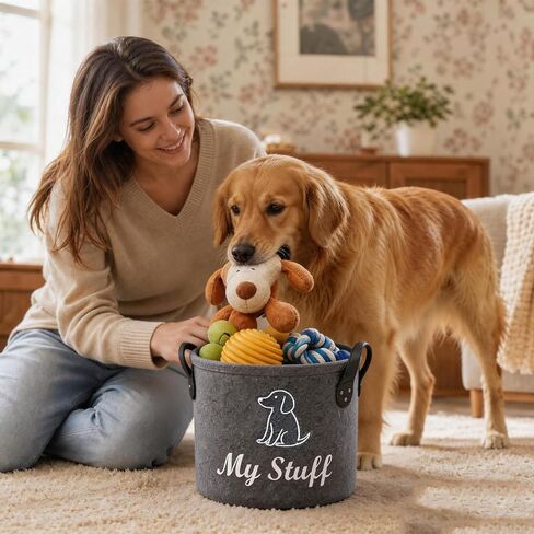 Gray Pet Circular Storage Bin, Basket for Dog Toys, 32 cm × 23 cm in Size Organizer with Handles in Kuwait
