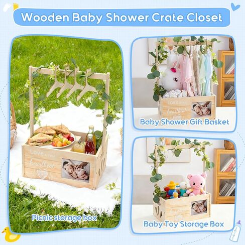 Wooden Baby Shower Crate Closet, Personalized Baby Shower Basket with Wreath & Hanger, Love at First Sight Sonogram Picture Frame, Easy Assembly Baby Clothes Storage Box for Pregnancy Gift in Kuwait