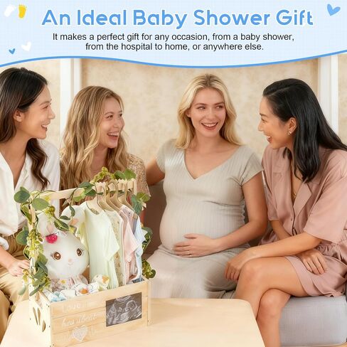 Wooden Baby Shower Crate Closet, Personalized Baby Shower Basket with Wreath & Hanger, Love at First Sight Sonogram Picture Frame, Easy Assembly Baby Clothes Storage Box for Pregnancy Gift in Kuwait