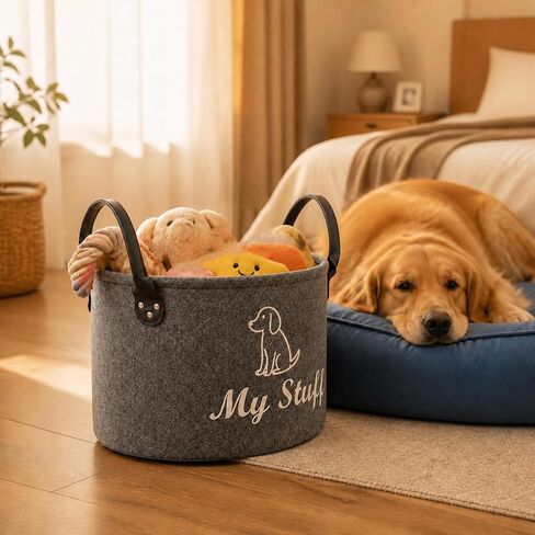 Gray Pet Circular Storage Bin, Basket for Dog Toys, 32 cm × 23 cm in Size Organizer with Handles in Kuwait