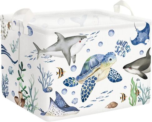 Clastyle Fish Sea Turtle Baby Basket Ocean Coral Seaweed Starfish Toy Book Shelf Basket Waterproof Pool Toy Beach Towel Storage Bin Large Dirty Clothes Laundry Hamper, Shark, 40 * 30 * 30 cm in Kuwait