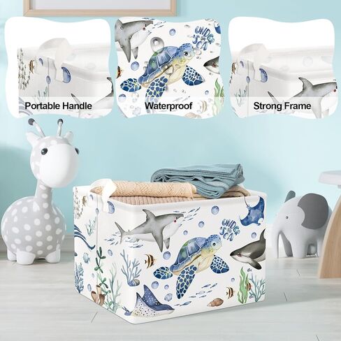 Clastyle Fish Sea Turtle Baby Basket Ocean Coral Seaweed Starfish Toy Book Shelf Basket Waterproof Pool Toy Beach Towel Storage Bin Large Dirty Clothes Laundry Hamper, Shark, 40 * 30 * 30 cm in Kuwait