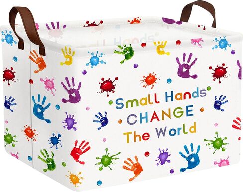 Kid Cute Rectangle Book Shelf Basket Nursery Reading Corner School Classroom Clothes Towel Toy Storage Basket (Colored Handprint) in Kuwait
