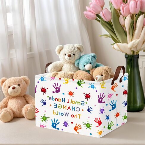 Kid Cute Rectangle Book Shelf Basket Nursery Reading Corner School Classroom Clothes Towel Toy Storage Basket (Colored Handprint) in Kuwait