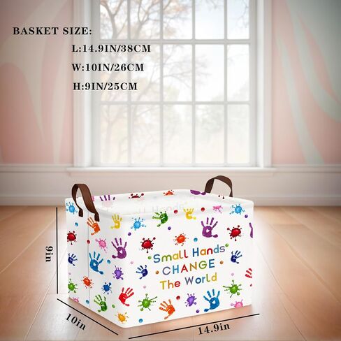 Kid Cute Rectangle Book Shelf Basket Nursery Reading Corner School Classroom Clothes Towel Toy Storage Basket (Colored Handprint) in Kuwait