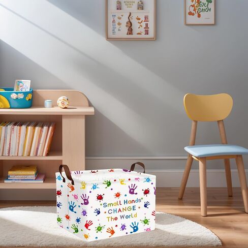 Kid Cute Rectangle Book Shelf Basket Nursery Reading Corner School Classroom Clothes Towel Toy Storage Basket (Colored Handprint) in Kuwait