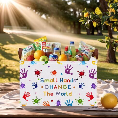 Kid Cute Rectangle Book Shelf Basket Nursery Reading Corner School Classroom Clothes Towel Toy Storage Basket (Colored Handprint) in Kuwait