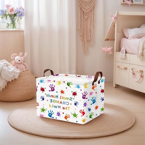 Kid Cute Rectangle Book Shelf Basket Nursery Reading Corner School Classroom Clothes Towel Toy Storage Basket (Colored Handprint) in Kuwait
