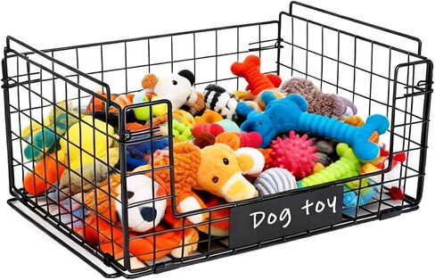 Metal Dog Toy Basket with Handles, Chew-Proof Large Pet Toy Storage Bin, Foldable Dogs Organizer Box for Living Room, Personalized Rustic Toy Holder (Black) in Kuwait
